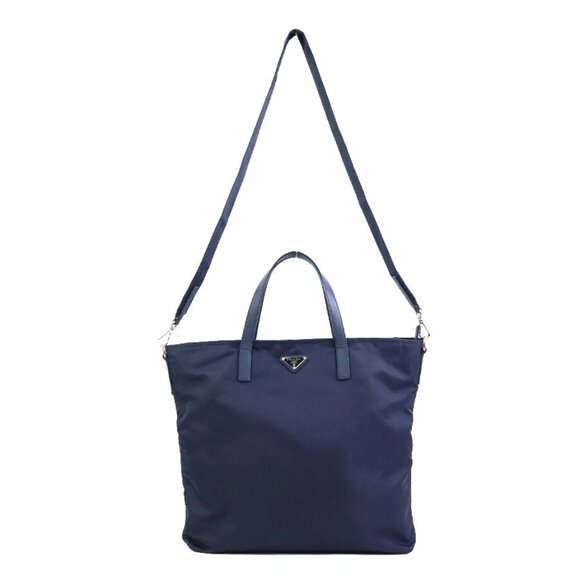 Auth PRADA Logo Handbag Shoulder Bag Navy Nylon/Leather/Silvertone - Picture 2 of 14